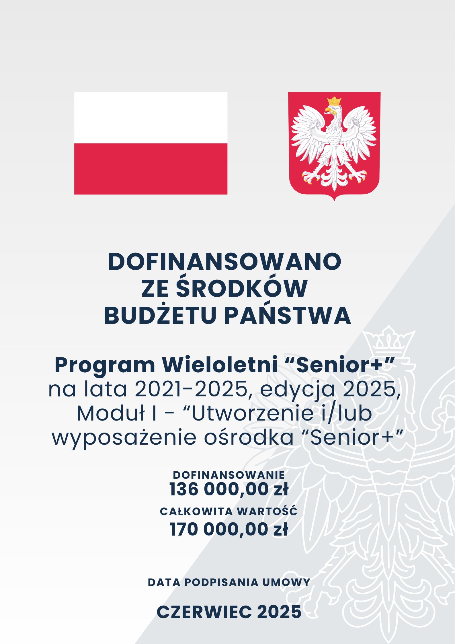 Szare tło o dwóch odcieniach z zarysem orła w koronie; na górze na pierwszym planie flaga oraz godło Polski; poniżej tekst o treści: „Dofinansowano ze środków Budżetu Państwa Program Wieloletni „Senior+” na lata 2021-2025, edycja 2025, Moduł I – „Utworzenie i/lub wyposażenie ośrodka „Senior+” Dofinansowanie 136 000,00 zł Całkowita wartość 170 000,00 zł Data podpisania umowy czerwiec 2025”