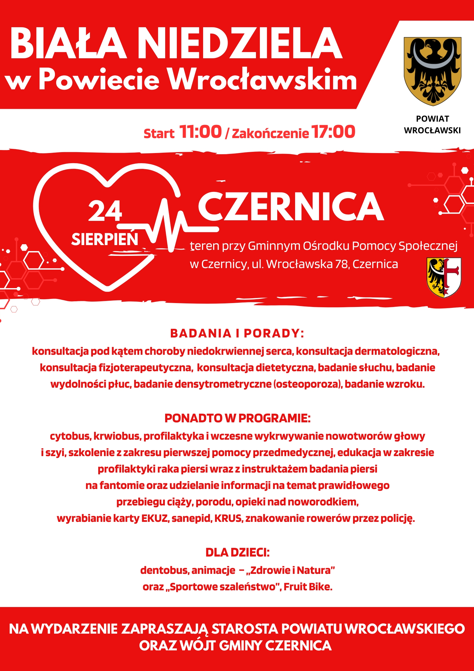 Biało-czerwona grafika zawierająca loga Powiatu Wrocławskiego oraz Gminy Czernica, graficzne elementy dekoracyjne w kształcie wielokątów, serca i linii wykresu ekg oraz teksty o treści zawartej w treści ogłoszenia.
