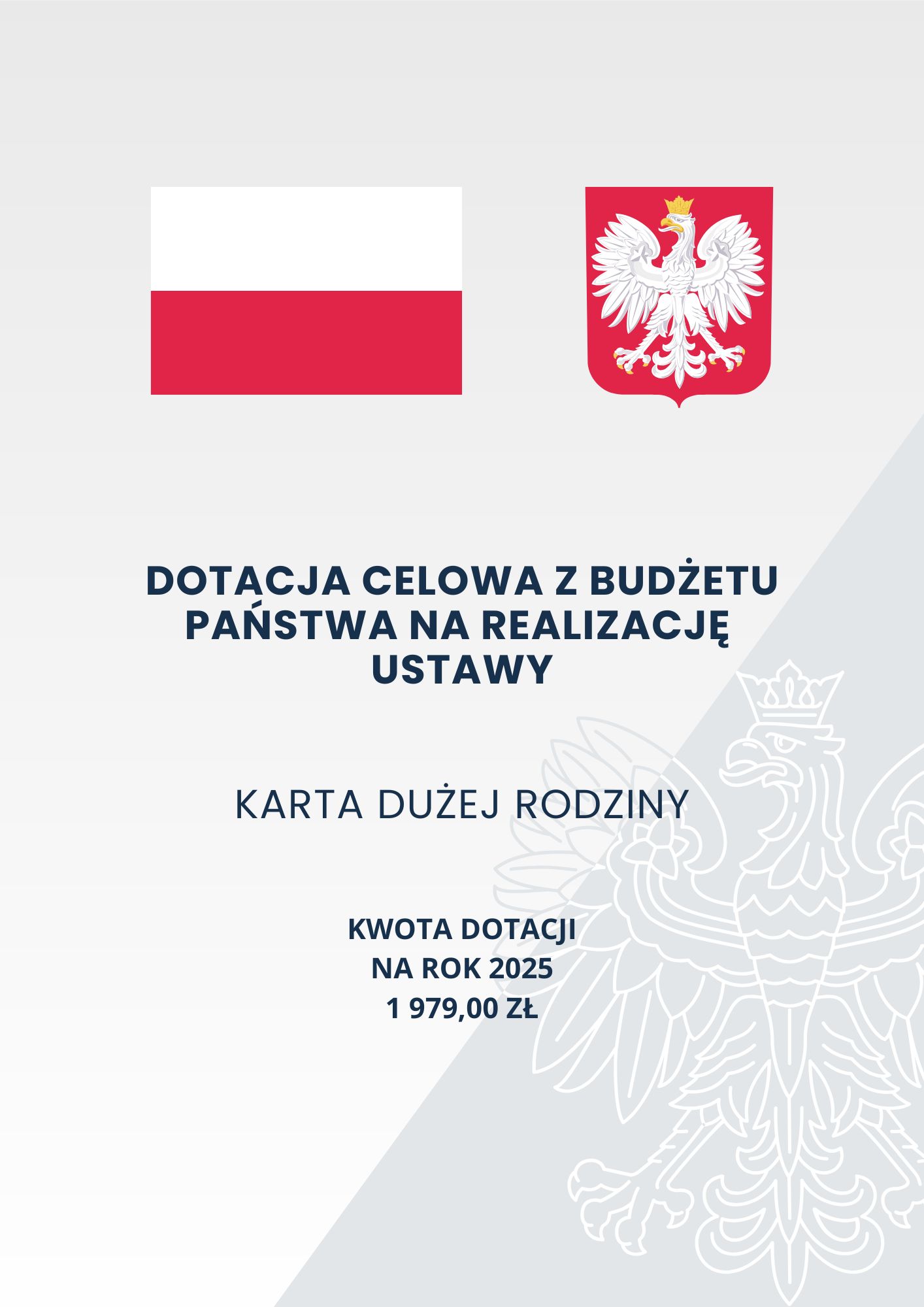 Szare tło o dwóch odcieniach z zarysem orła w koronie; na górze na pierwszym planie flaga oraz godło Polski; poniżej tekst o treści: „Dotacja celowa z budżetu państwa na realizację ustawy Karta dużej rodziny Kwota dotacji na rok 2025 1 979,00 zł”