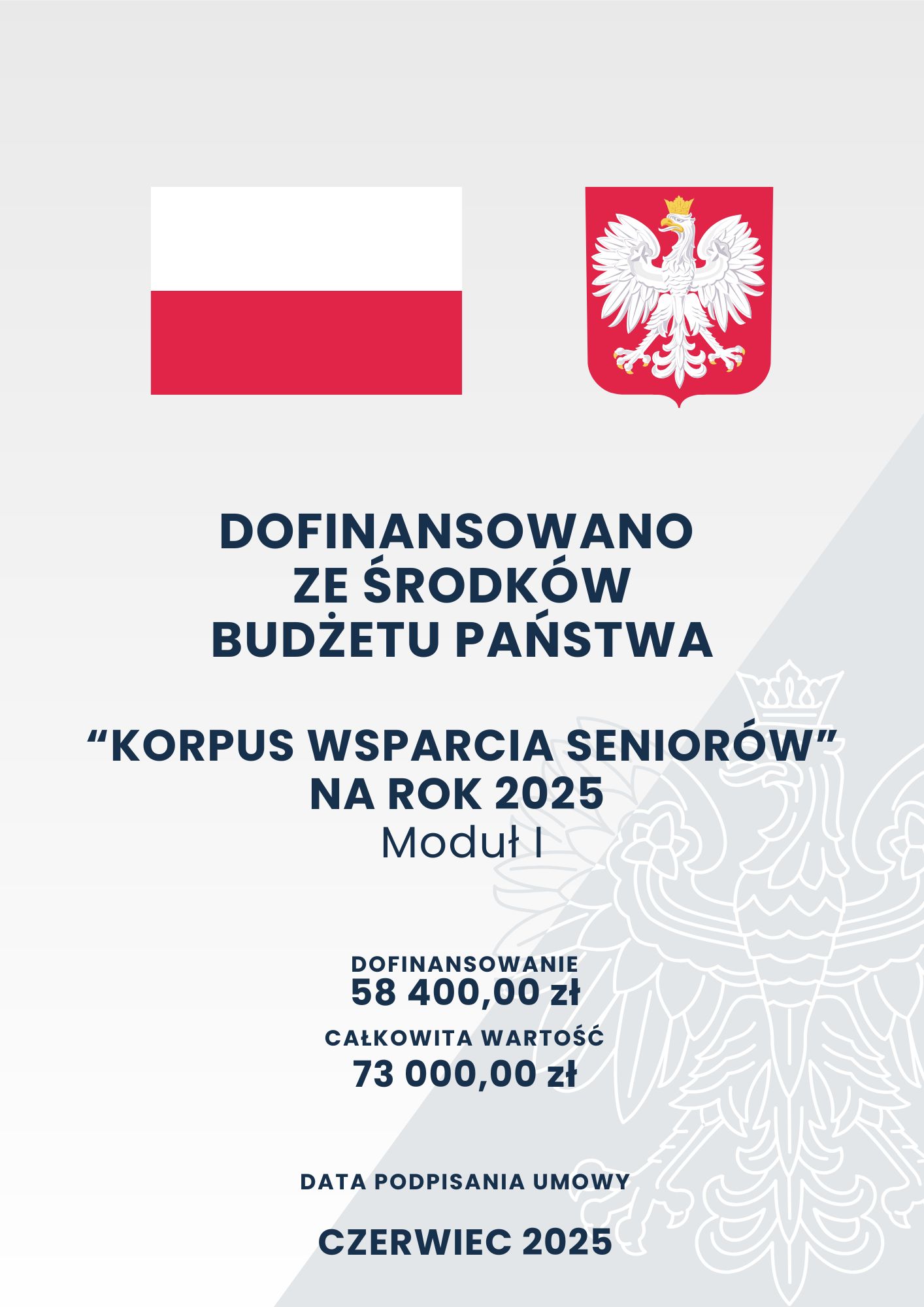 Szare tło o dwóch odcieniach z zarysem orła w koronie; na górze na pierwszym planie flaga oraz godło Polski; poniżej tekst o treści: „Dofinansowano ze środków Budżetu Państwa „Korpus Wsparcia Seniorów” na rok 2025 Moduł I Dofinansowanie 58 400,00 zł Całkowita wartość 73 000,00 zł Data podpisania umowy czerwiec 2025”