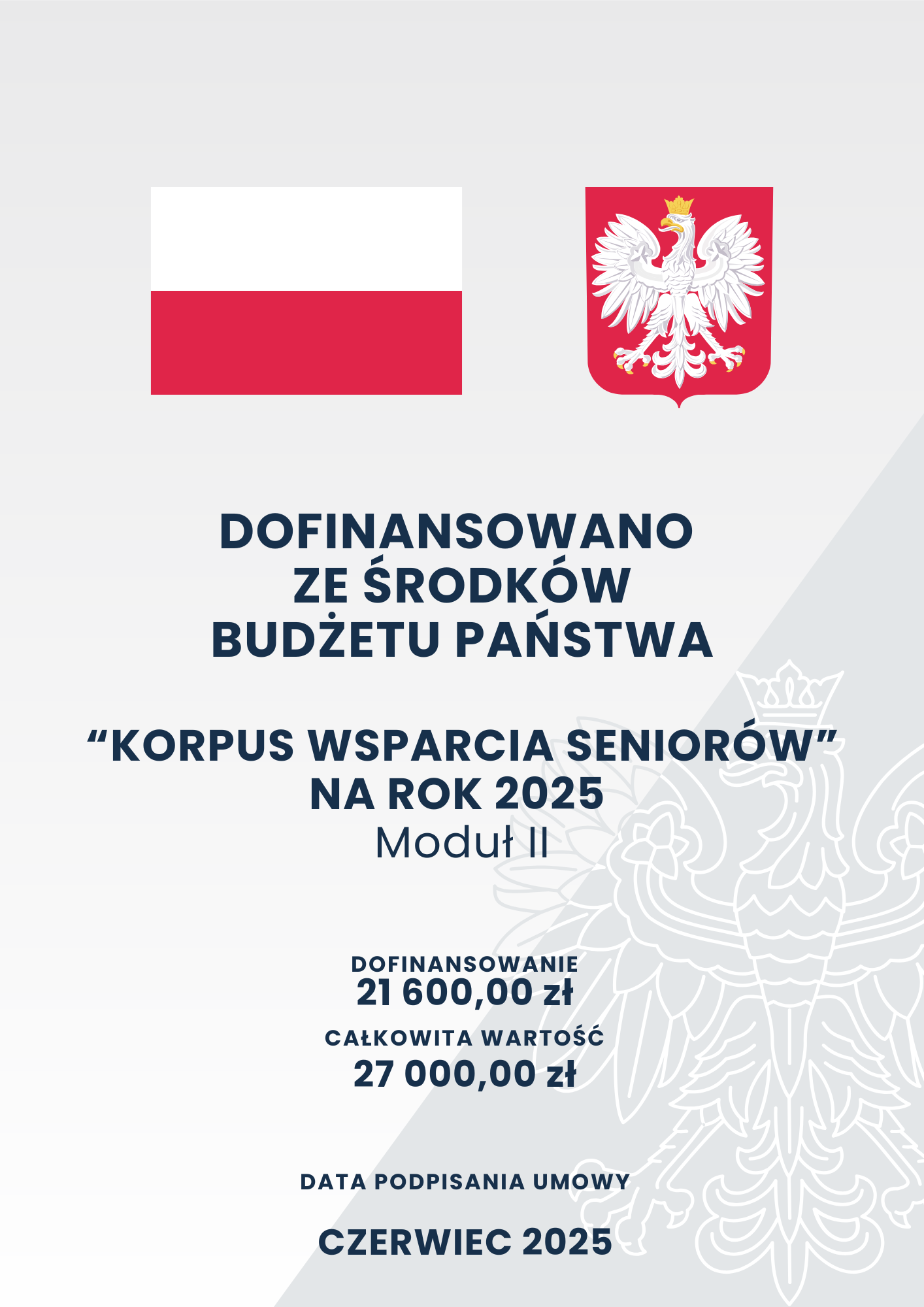 Pionowy plakat z tłem w dwóch odcieniach szarości i białym obrysem orła w koronie; w górnej części biało-czerwona flaga Polski, obok godło Polski z białym orłem w złotej koronie na czerwonym tle; poniżej czarny tekst: „Dofinansowano ze środków budżetu państwa; „Korpus Wsparcia Seniorów na rok 2025 Moduł II; dofinansowanie 21 600,00 zł, całkowita wartość 27 000,00 zł; data podpisania umowy czerwiec 2025”.