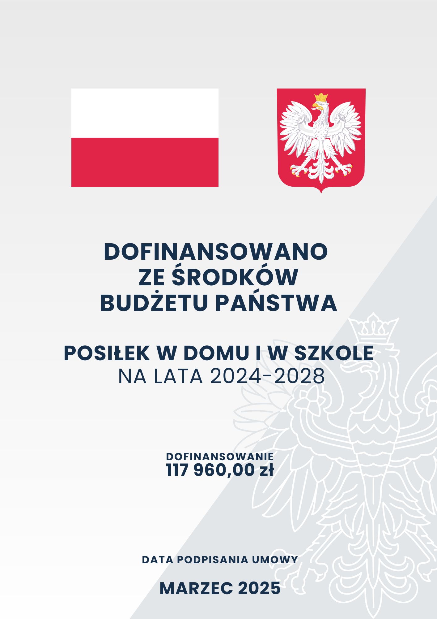 Szare tło o dwóch odcieniach z zarysem orła w koronie; na górze na pierwszym planie flaga oraz godło Polski; poniżej tekst o treści: „Dofinansowano ze środków Budżetu Państwa Posiłek w domu i w szkole na lata 2024 – 2028 Dofinansowanie 117 960,00 zł Data podpisania umowy marzec 2025”