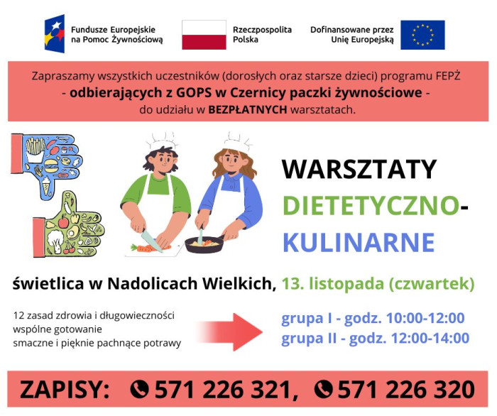 Bezpłatne warsztaty dietetyczno-kulinarne dla osób odbierających paczki żywnościowe z GOPS w Czernicy.